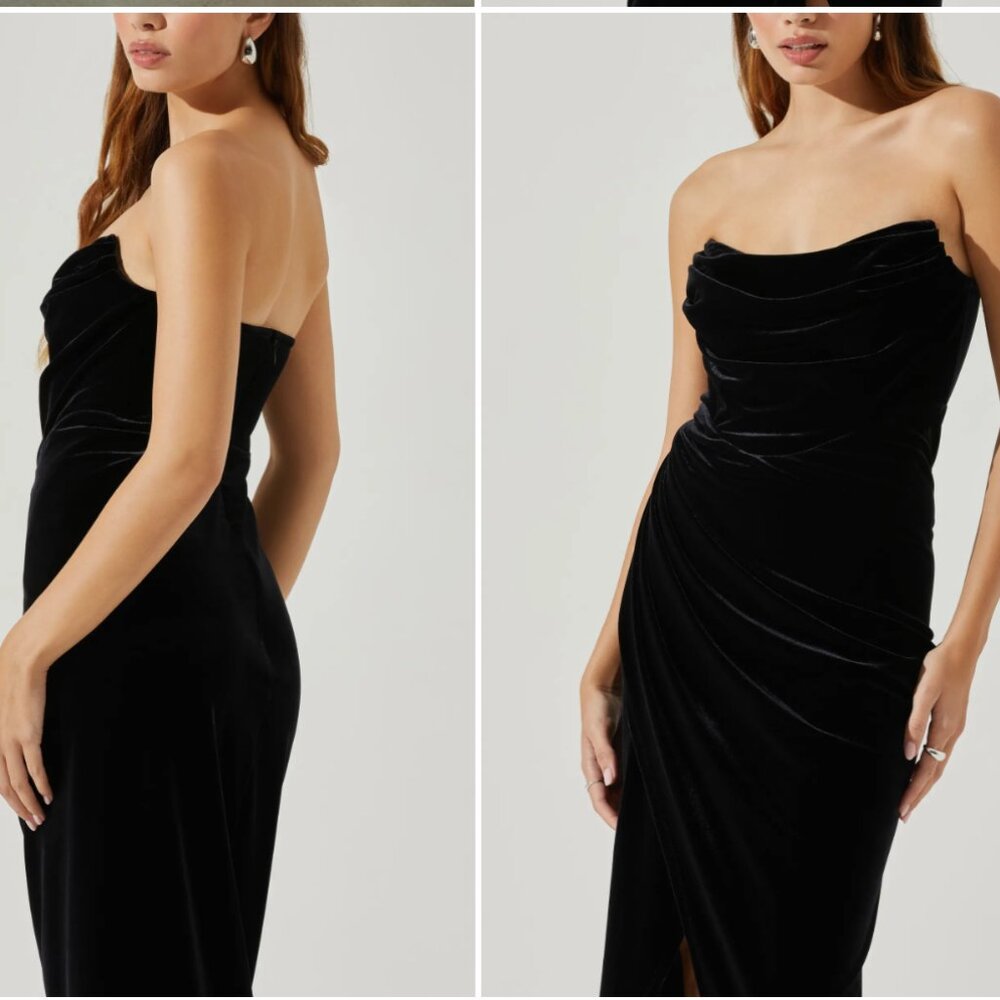 NEW ASTR Meghan Ruched Strapless Velvet Midi Dress Black Size Small - Picture 3 of 16